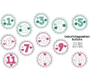 Stickserie ITH - Buttons für Geburtstagskrone - Geburtstagszahlen Stern & Herz